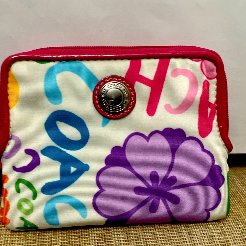 Pre-❤️ Coach Clorful Floral Zip Wallet/Wristlet with Fuschia Pink Leather Trim
